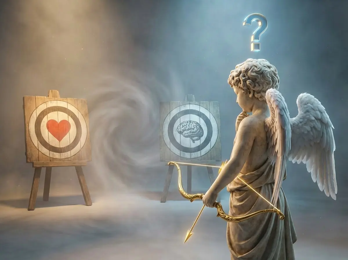 cupidon si doua tinte in care una are o inima in centru iar cealalta un creier